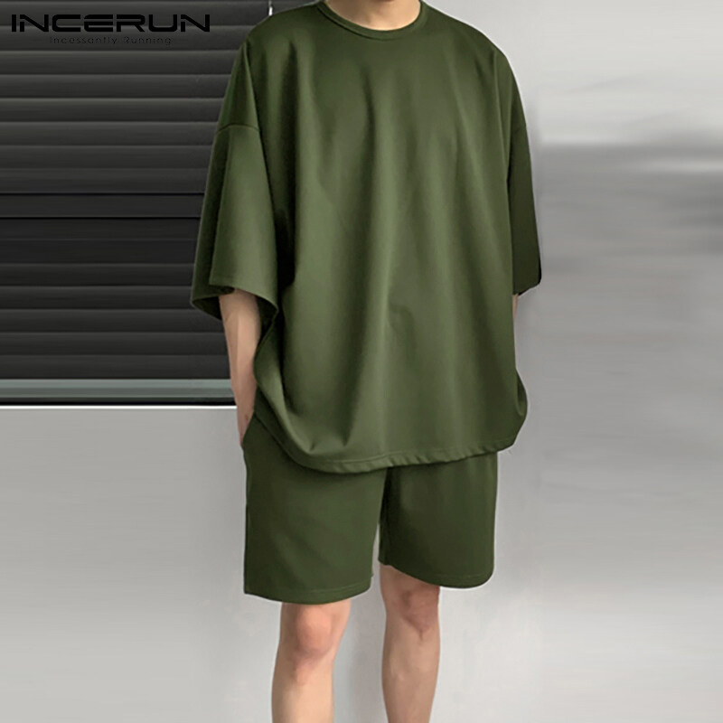 INCERUN Mens Shorty Pajamas Sets Nightwear Japanese Loose Fit Tops Shorts Sleepwear Suit (Korean Style)