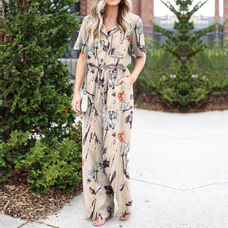 ZANZEA Women Floral Print Jumpsuit Dungaree Summer Short Sleeve Tunic Romper Playsuit